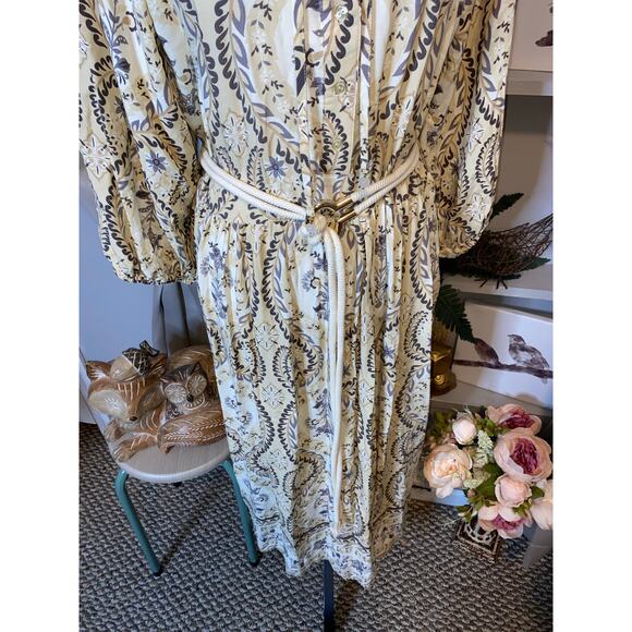 Harlow & Rose L  Boho Style Midi Dress Cream Paisley Floral Print Belt Dress - Picture 5 of 12